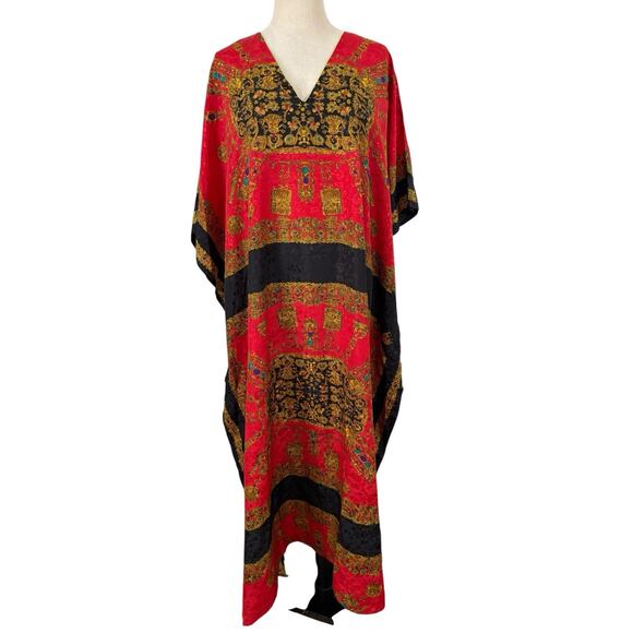 Vtg 70s 80s Santé Kaftan Mrs Roper Baroque Jewel Print Red Satin Boho Robe Maxi - Picture 1 of 7